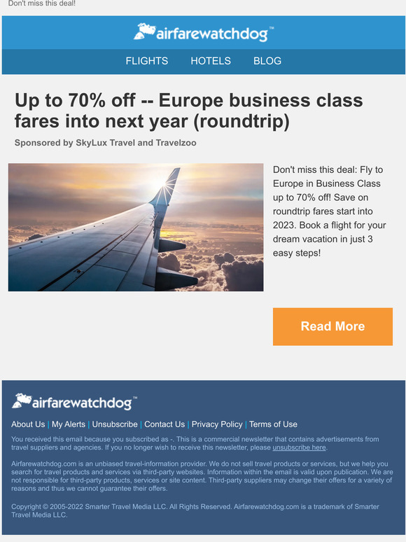 Up to 70% off -- Europe business class fares into next year (roundtrip)