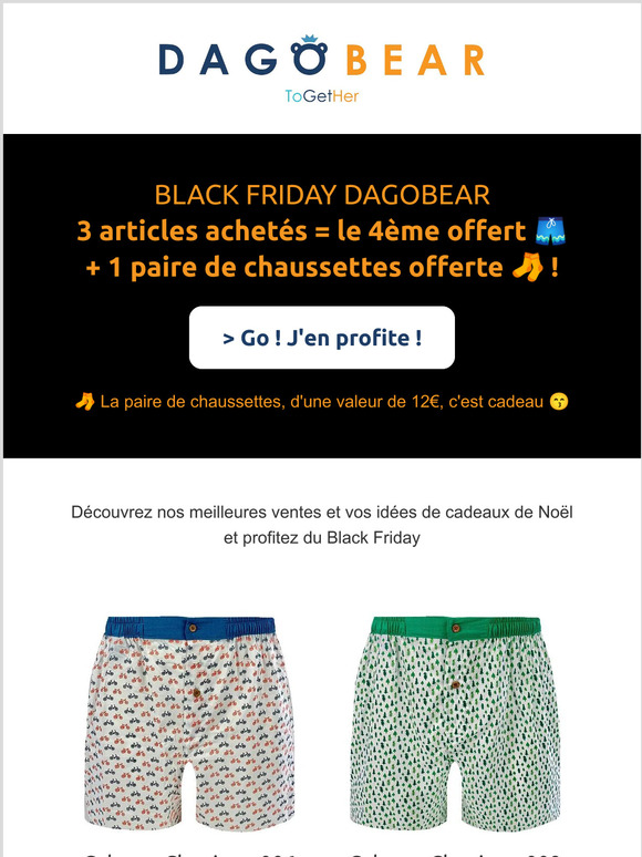 Black Friday : 3 achetés, le 4ème offert 🩳 + 1 paire de chaussettes 🧦 en cadeau > Foncez !