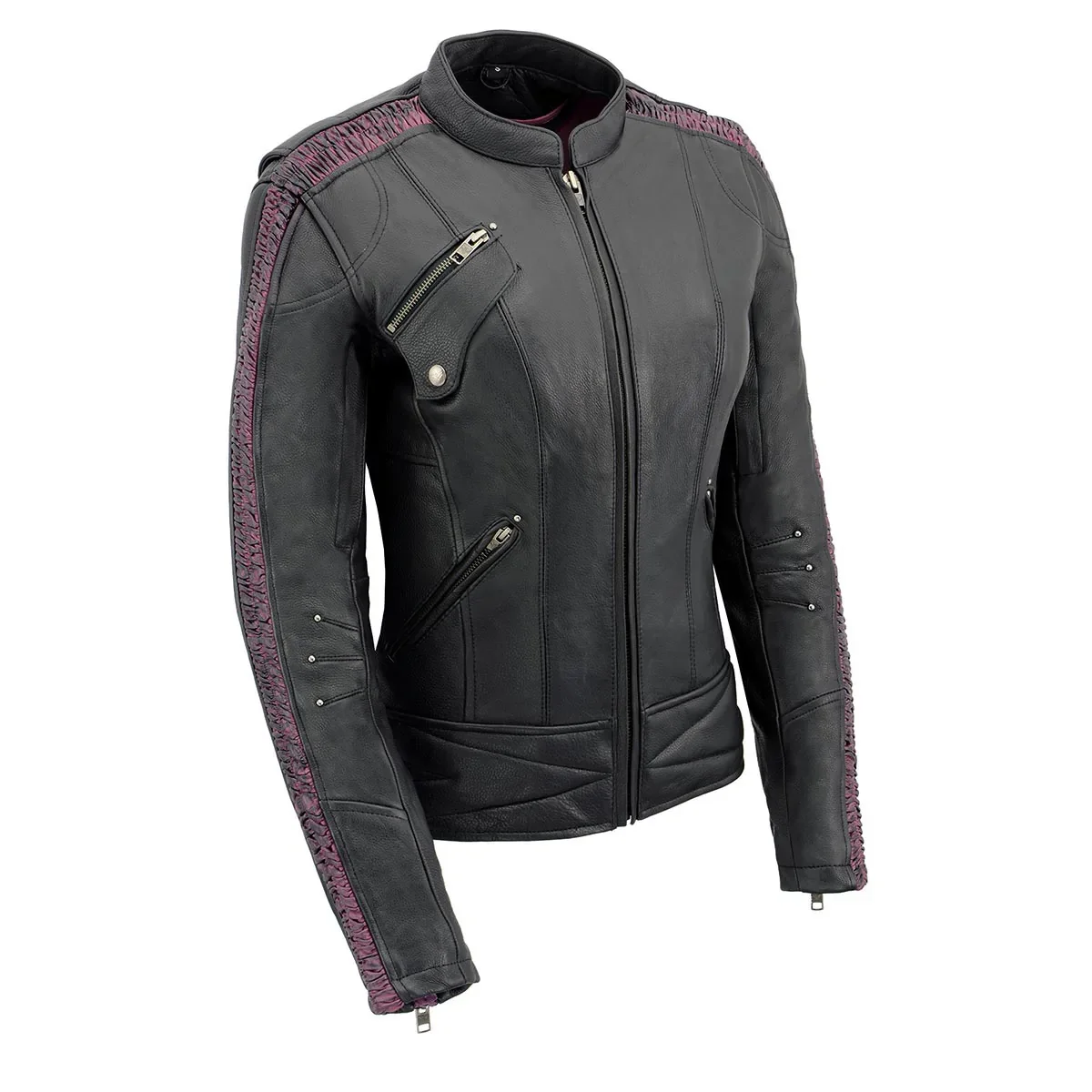 Image of Milwaukee Leather MLL2570 Women's 'Phoenix Embroidered' Black and Fuchsia Pink Leather Motorcycle Jacket