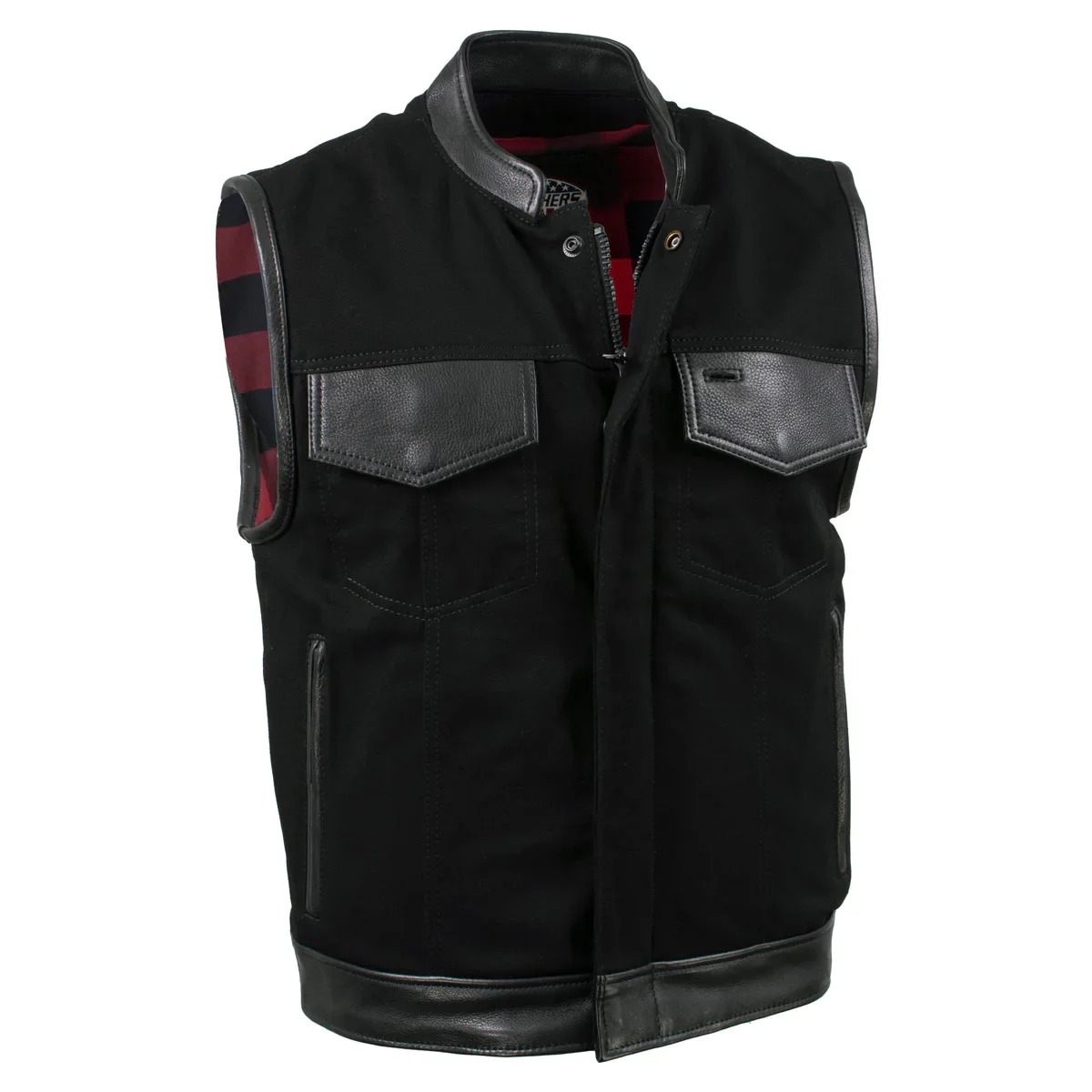 Image of Milwaukee Leather USA MADE MLVSM5101 Men's Black 'Burn Out' Denim and Leather Vest with Plaid Red Lining