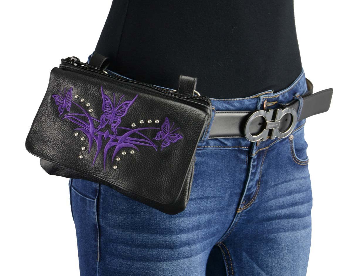 Image of Milwaukee Leather MP8851 Women's Black and Purple Leather Multi Pocket Belt Bag