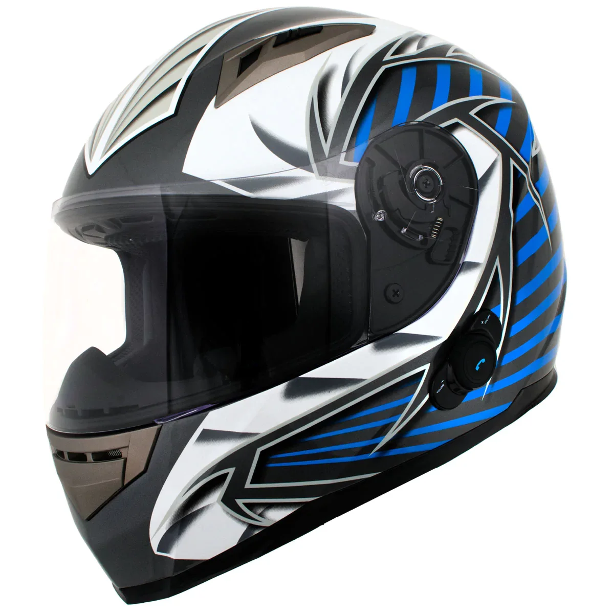 Image of Milwaukee Helmets H512 Titanium and Blue Vector 'Chit-Chat' Black Full Face Motorcycle Helmet with Wireless Communication