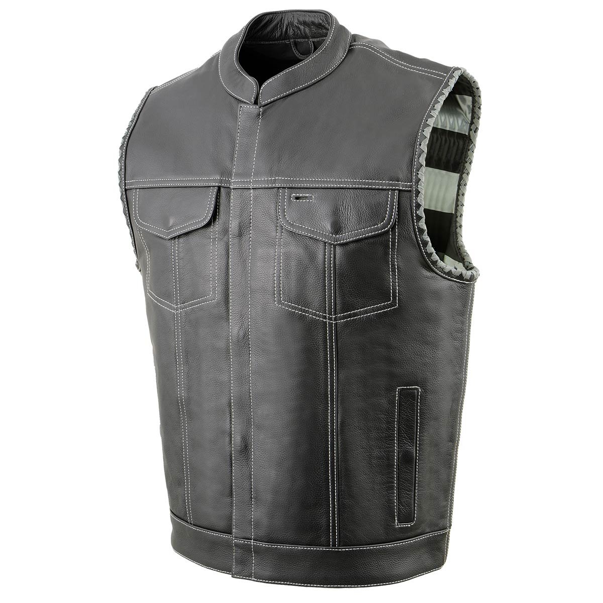 Image of Milwaukee Leather MLM3507 Men’s ‘Old Glory’ Black Leather with Grey Stitching Vest and Laced Arm Holes