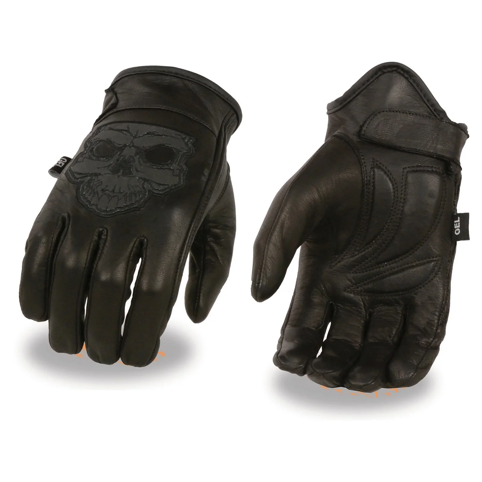 Image of Milwaukee Leather MG7570 Men's ‘Reflective Skull’ Black Leather Gloves with Gel Palm