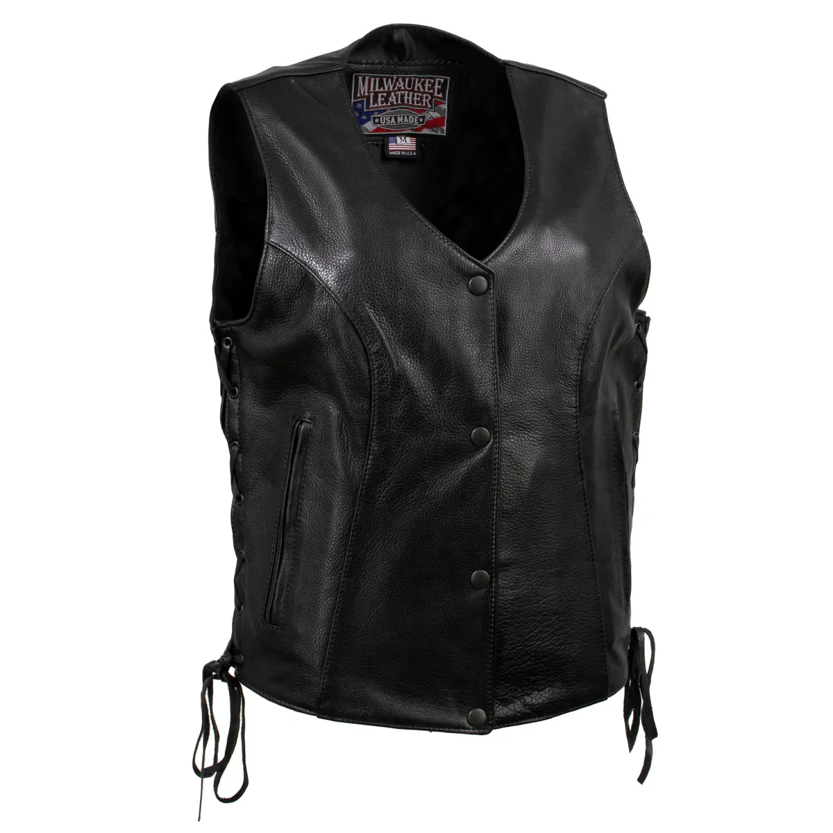 Image of Milwaukee Leather USA MADE MLVSL5002 Women's Black 'Kitten' Leather Motorcycle Vest with Side Laces