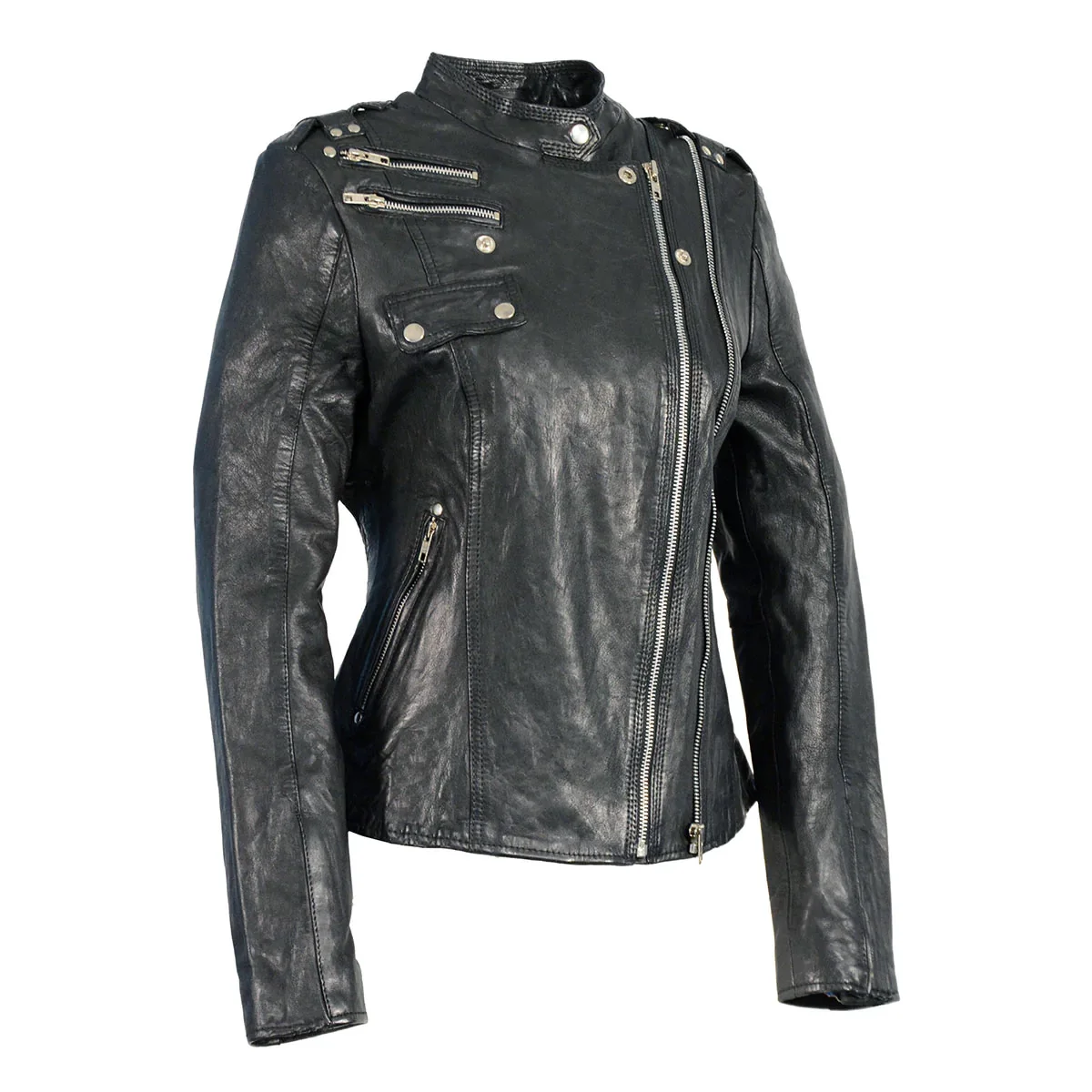 Image of Milwaukee Leather SFL2845 Women's Black Leather Moto Jacket with Asymmetrical Zipper