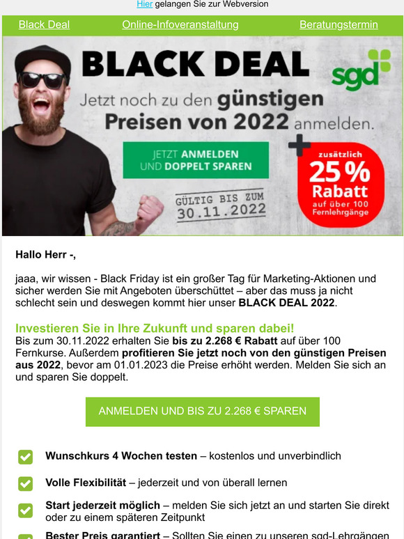 👉 BLACK DEAL: jetzt anmelden und doppelt sparen, Herr —!