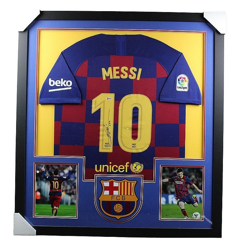 Lionel Messi Autographed Signed Barcelona Deluxe Framed Jersey Yellow Mat  - Beckett Authentic
