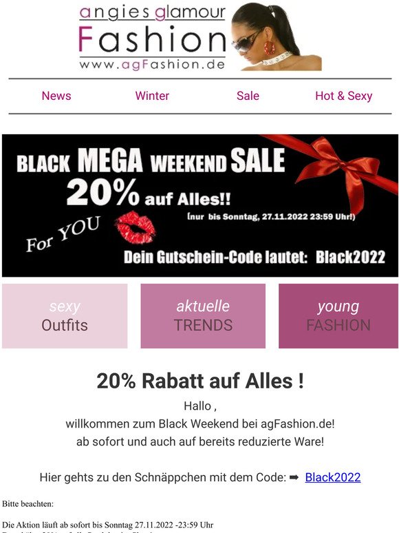 agFashion.de: 🔥 20% Rabatt - auf alles! 🔥 Black Weekend Sale