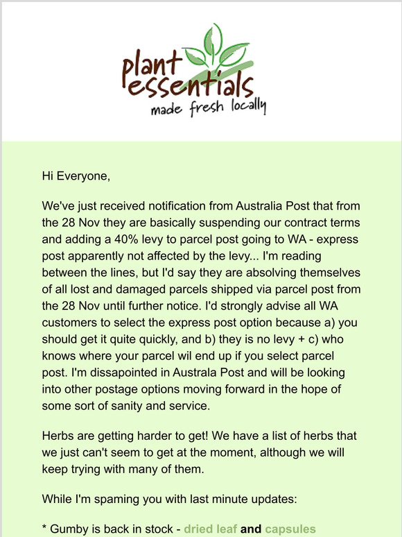 Plant Essentials  -  Western Australia customers - shipping issues, Back in stock items - bloodroot caps, gumby, iodine and more...