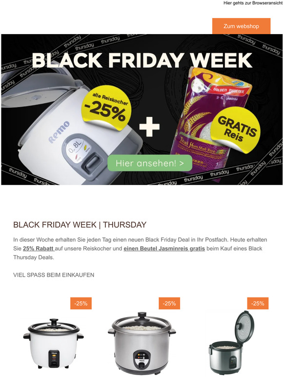 BLACK THURSDAY  ⚡ | 25% Rabatt auf unsere Reiskocher und ein kostenloser Sack Reis bei Ihrem Einkauf
