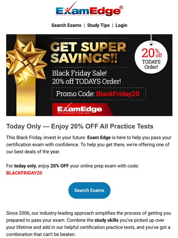 Black Friday Starts NOW — 20% OFF Practice Tests
