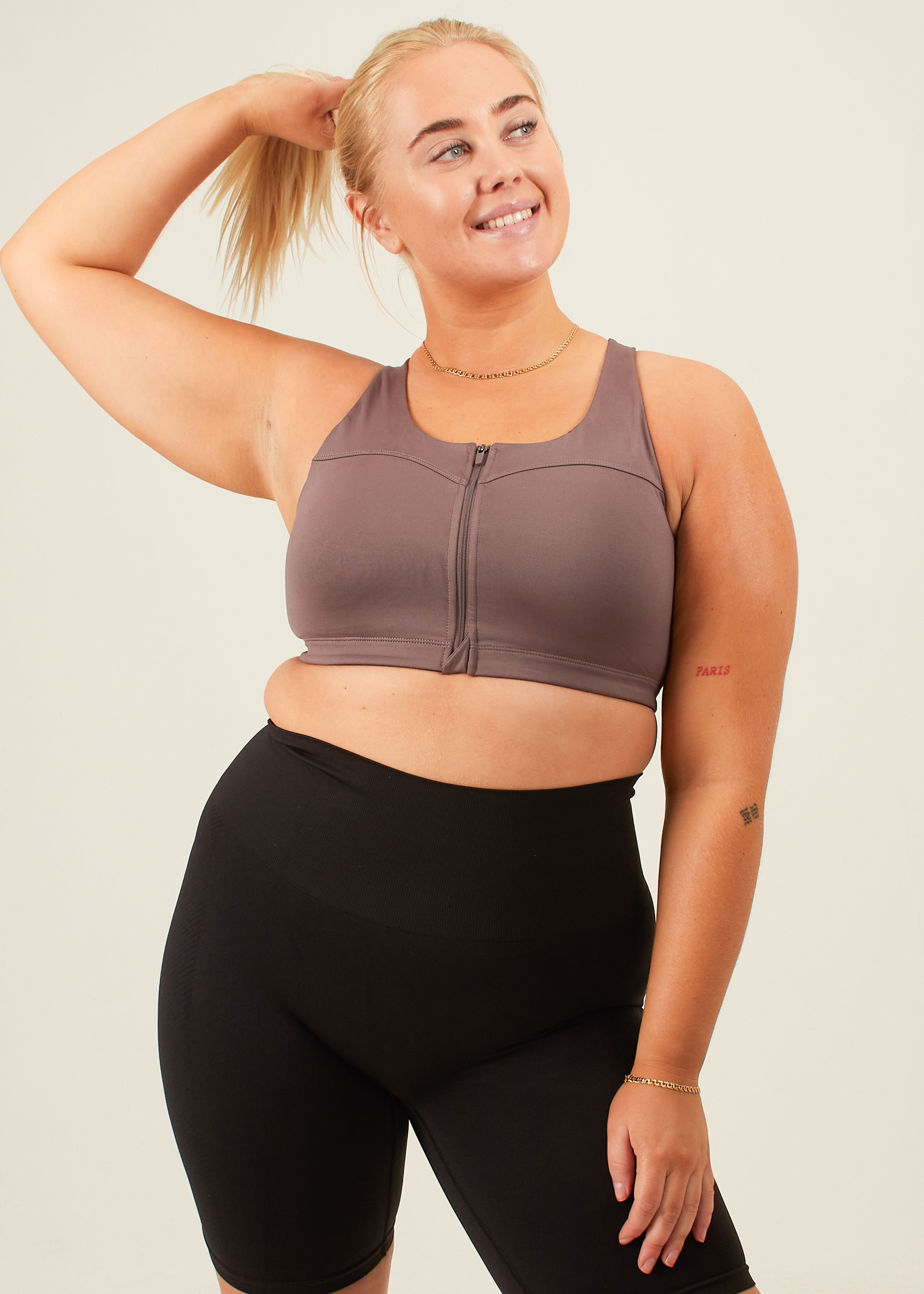 Image of Front Zip Sports Bra, Cookie
