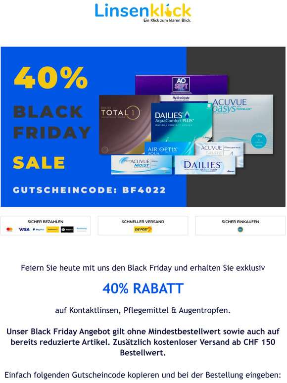 40% Black Friday Rabatt auf Kontaktlinsen, Pflegemittel & Augentropfen.