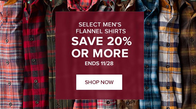 Select Men's Flannel Shirts Save 20% or More Ends 11/28