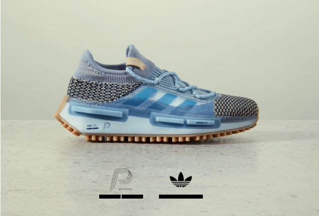 Side view of the shoe, showing the textured knitted upper, blue lace-up and Three Stripes, logo prints on the midsole and a grip outsole.