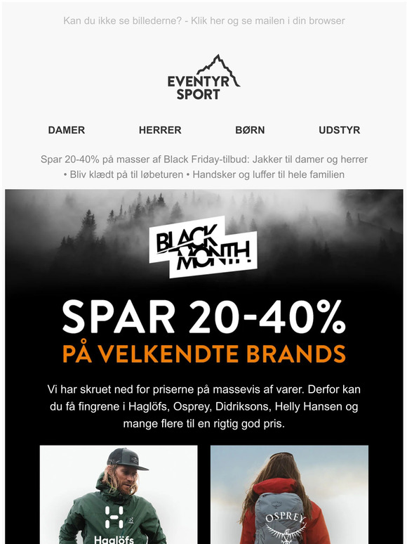 Eventyrsport BLACK FRIDAY 2040 på Haglöfs, Osprey, Didriksons, Helly Hansen og mange flere