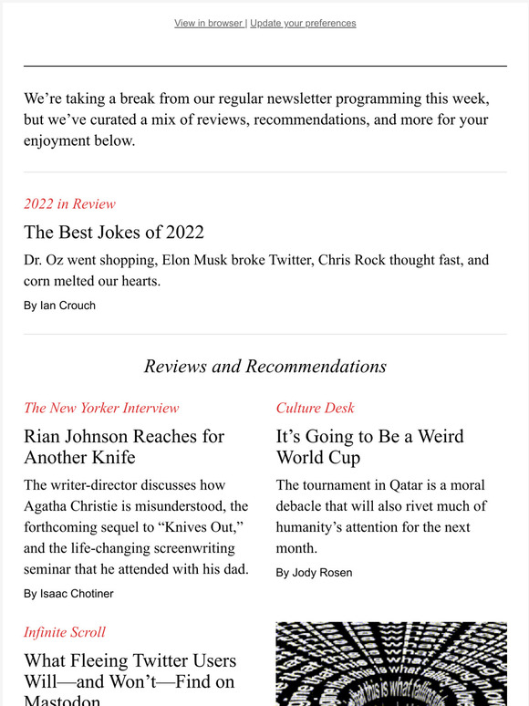 The New Yorker The Best Jokes of 2022—An Interview with Rian Johnson—A Weird World Cup Milled