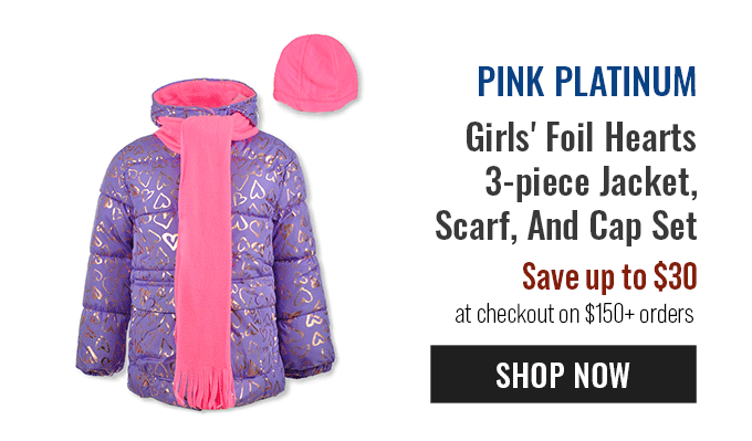 GIRLS' FOIL HEARTS 3-PIECE JACKET, SCARF, AND CAP SET