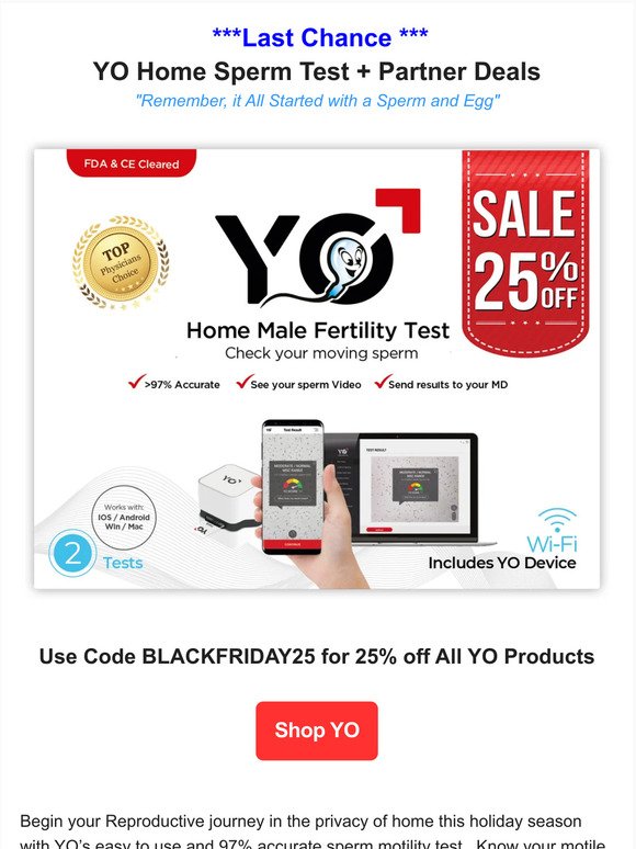 Last Chance - 25% off YO Home Sperm Test and Partner Deals
