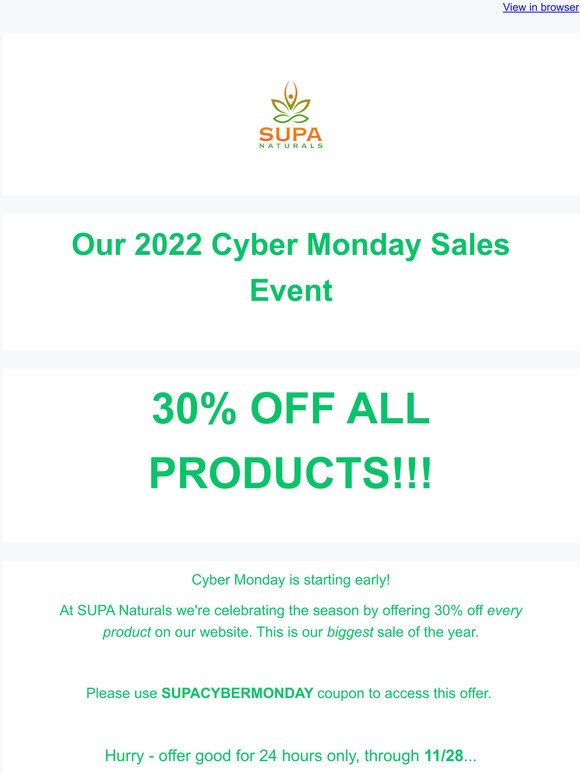 Cyber Monday 30% Off Site Wide Sale