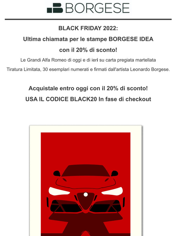 Il Black Friday Borgese Idea finisce oggi: acquista le nuovissime stampe Alfa Romeo.