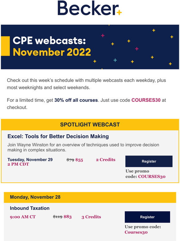 Becker Your CPE webcast calendar for the week 📅 Milled