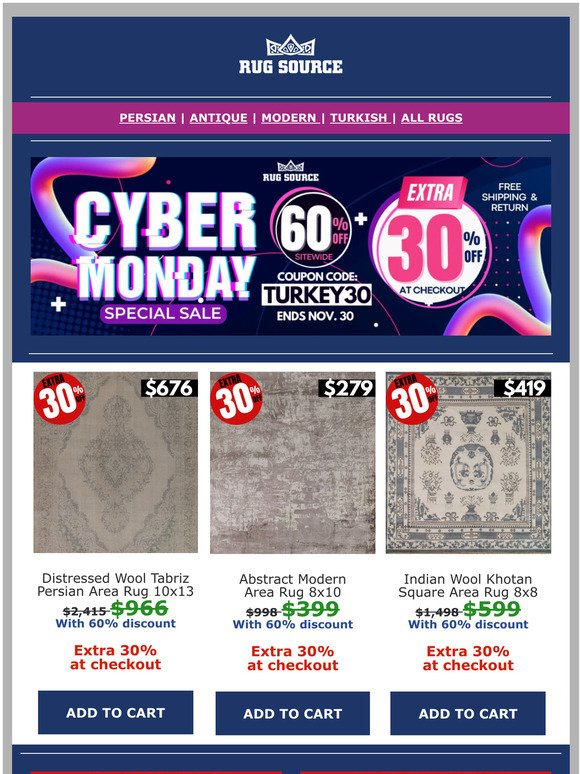 Cyber Monday Sale is on! Extra 30% OFF at checkout code turkey30 - Free shipping and Free Return