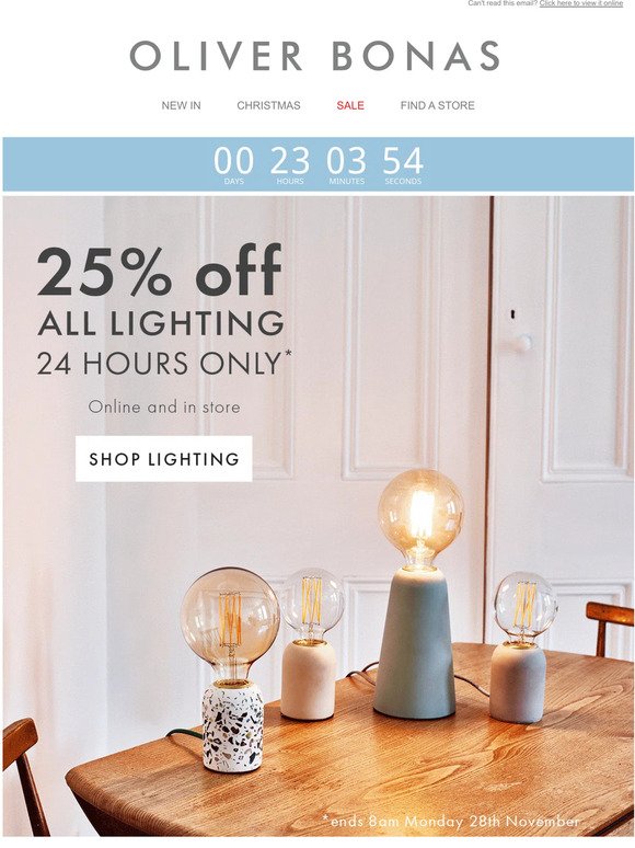 25% off all Lighting for 24 hours only​