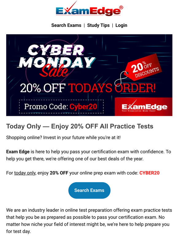 Cyber Monday 20% OFF Practice Tests