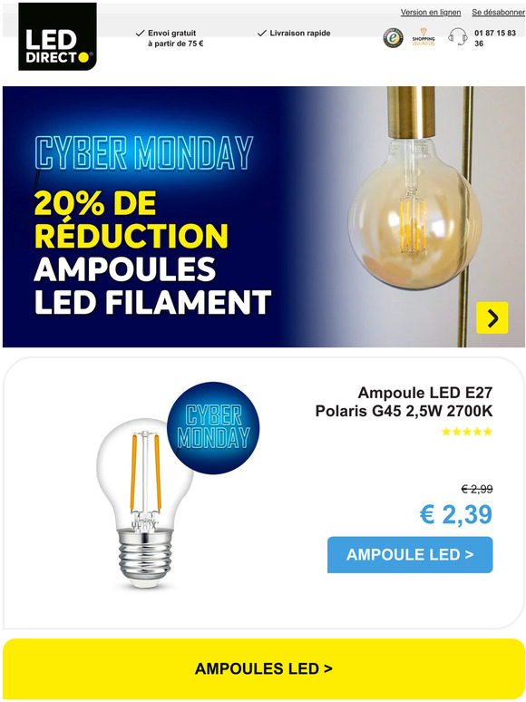 Cyber Monday: 20% de réduction sur les spots LED encastrables et les ampoules LED filament