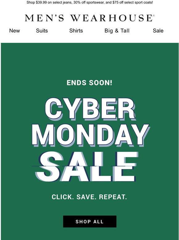 Men's Wearhouse CYBER MONDAY deals you can’t miss! Milled