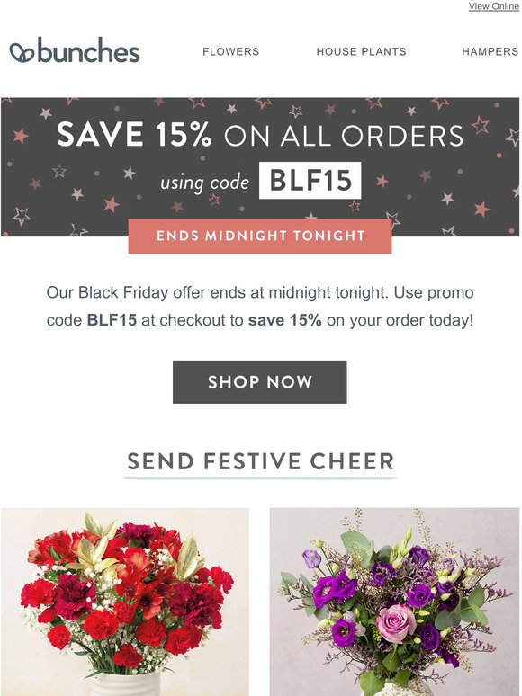 Ends tonight! 15% off all orders with promo code BLF15