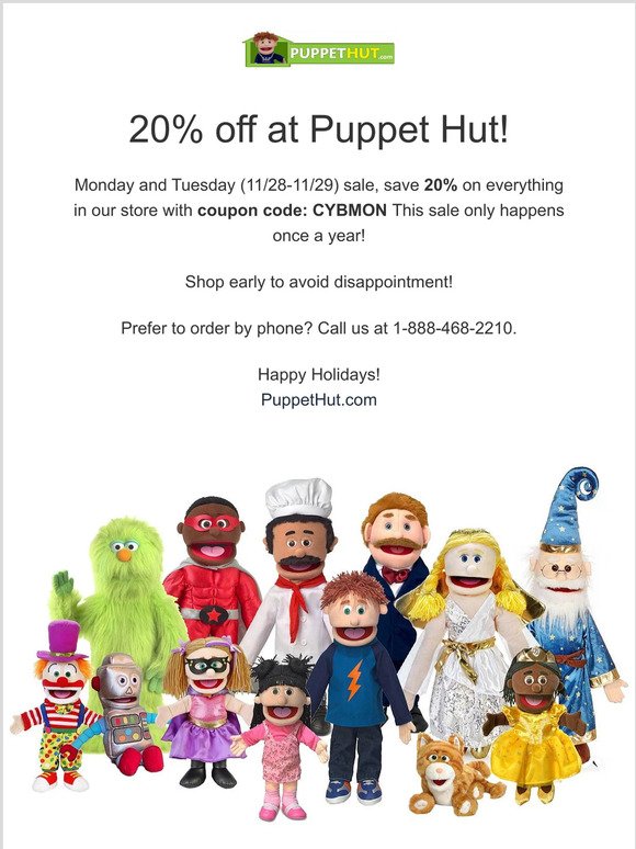 All Puppets 20% off at Puppet Hut!
