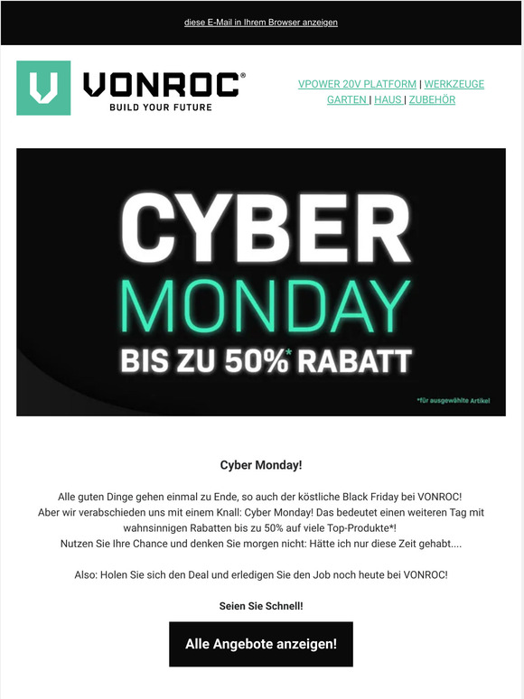Cyber Monday bei VONROC! Letzter Tag, letzte Gelegenheit! Bis zu 50% Rabatt auf ausgewählte Produkte 🔥