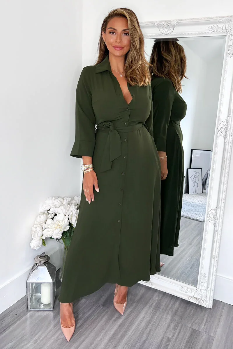 Image of Olive Button Up Midi Shirt Dress
