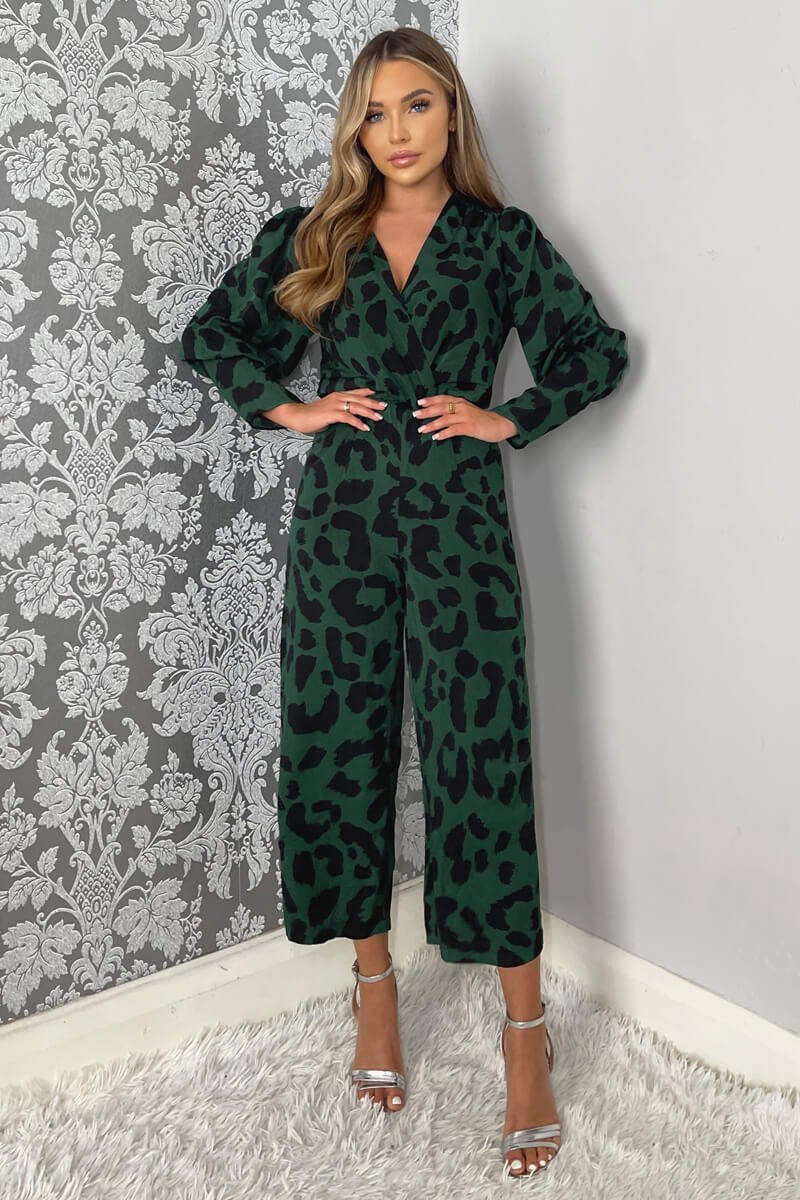 Image of Green Leopard Print Wrap Top Culotte Jumpsuit