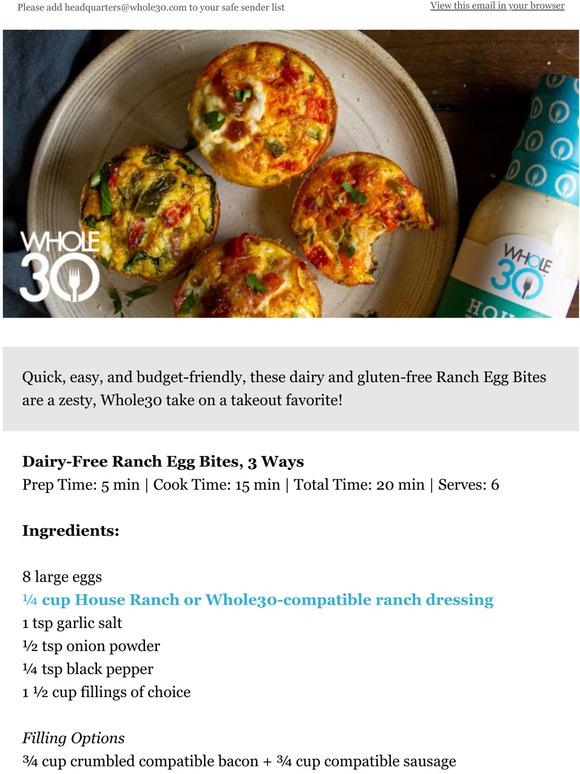 Whole30 Whole30 Ranch Egg Bites, 3 Ways Milled
