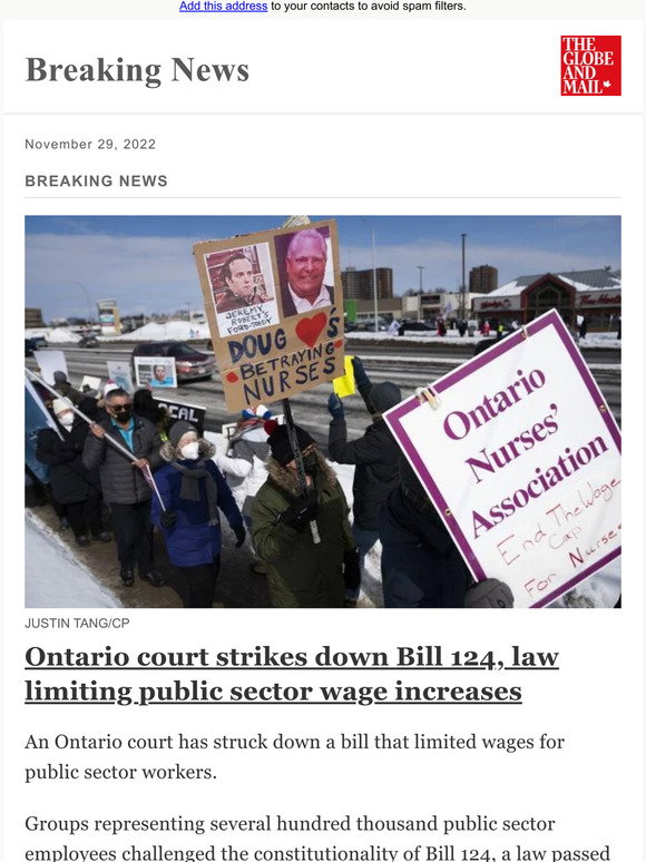 The Globe And Mail Breaking News Ontario court strikes down Bill 124