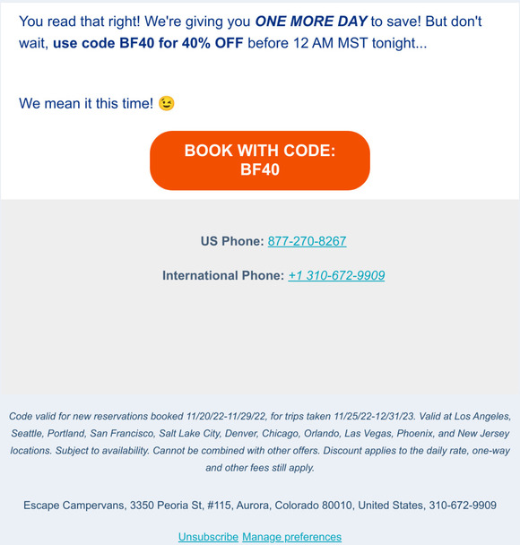 ⚠️Sale extended 24 hrs⚠️Use code BF40 to save 40% on daily rates for 2023 travel!