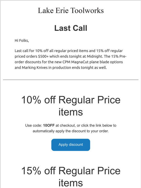 Copy of Last call for 10-15% discount and 15% MagnaCut Plane Blade and Marking Knife discounts