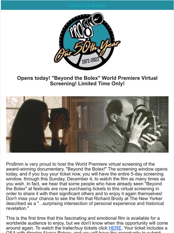 Opens today! "Beyond the Bolex" World Premiere Virtual Screening! Limited Time Only!