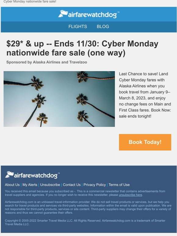 $29* & up -- Ends 11/30: Cyber Monday nationwide fare sale (one way)