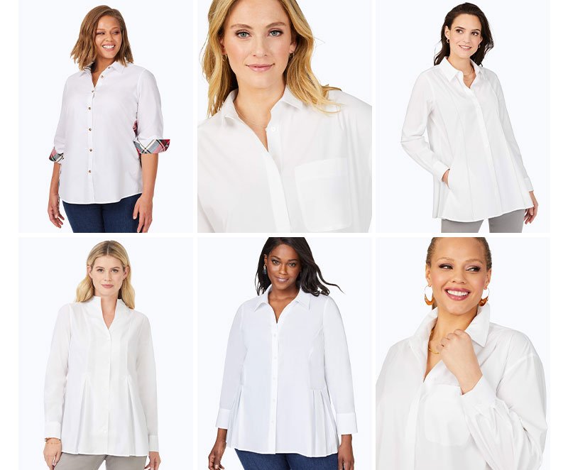 model wearing a variety of white shirts