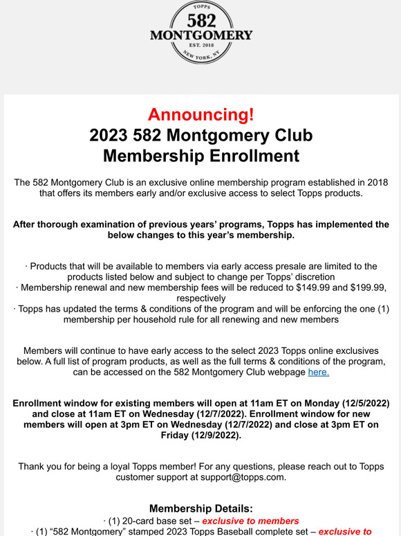 Topps Announcing! 2023 582 Montgomery Club Membership Enrollment Milled
