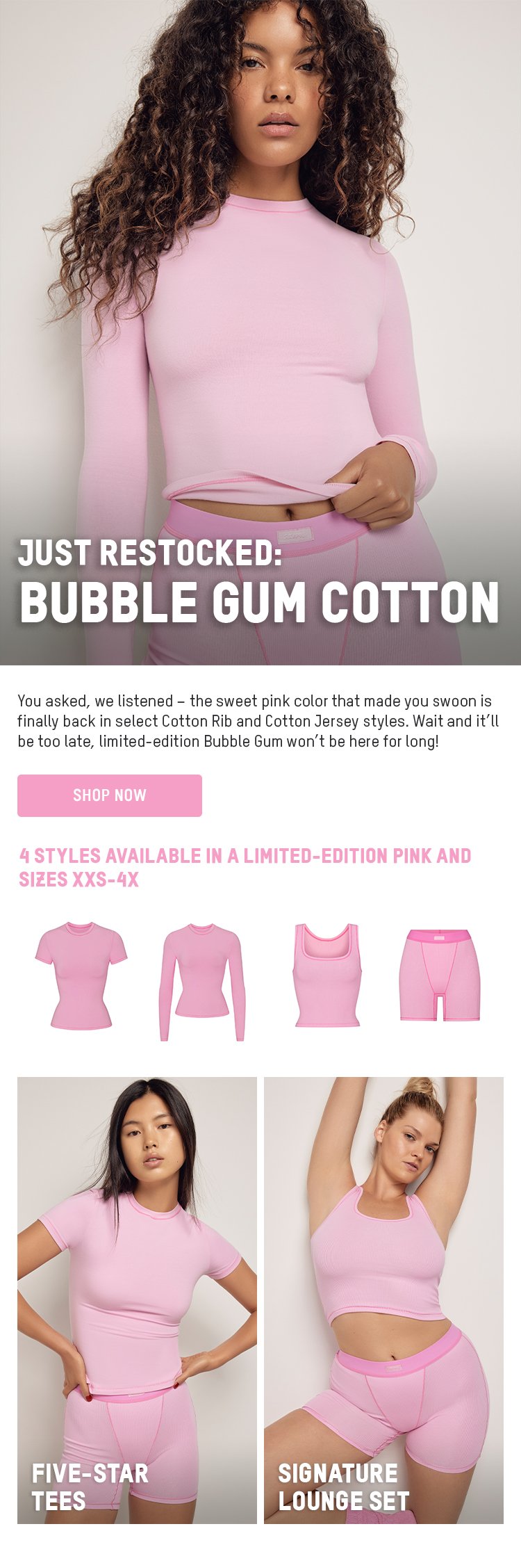 SKIMS on X: Just Restocked: Bubble Gum Cotton. The wait is finally over!  Your favorite pink is back in select Cotton Rib and Cotton Jersey styles.  Shop now:   / X