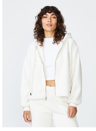 Double Face Sherpa Hooded Zip Jacket in Cream