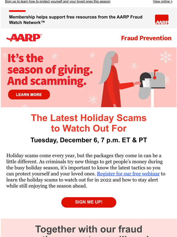 AARP Desktop/Mobile US Seasonal scams are on the rise. Arm
