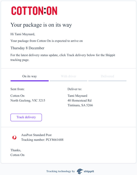 Your package is on its way from Cotton On