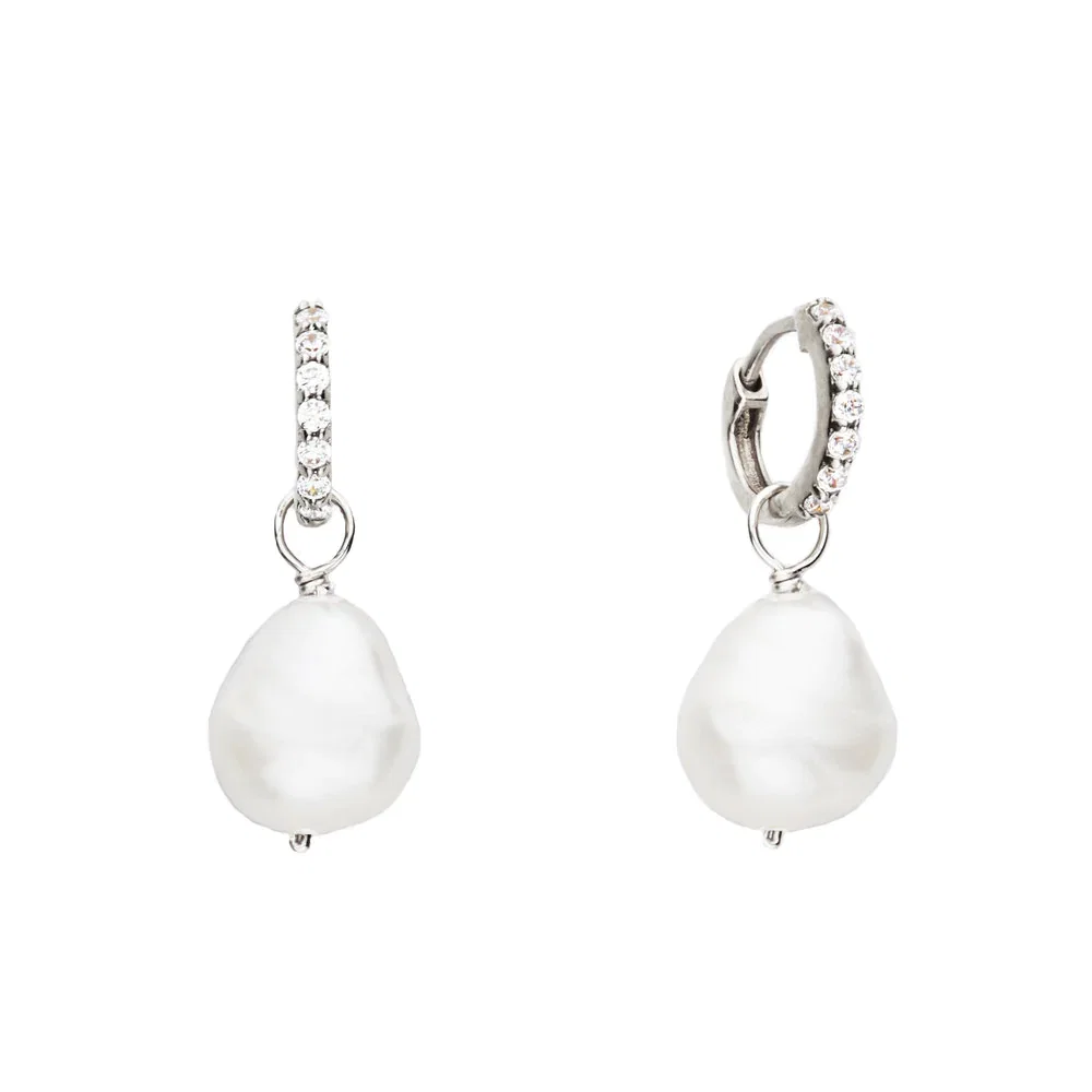 Image of Solid White Gold Diamond Huggie Pearl Earrings